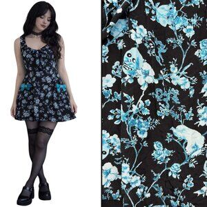 Y2K Betsey Johnson Skull Floral Bird Print Mini Dress Silk Dark Coquette Size 8